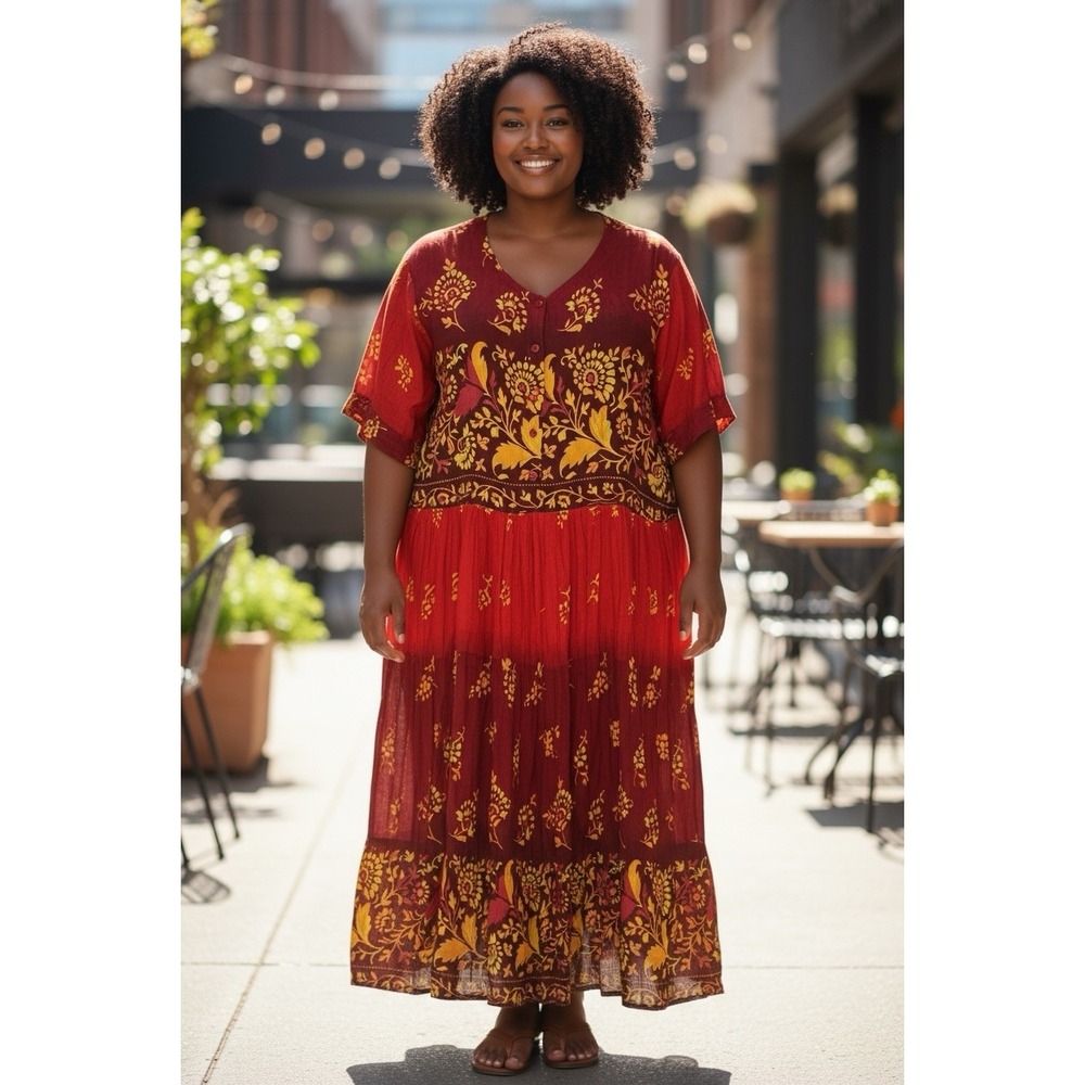 Olivia Boho Maxi Dress 1X Red Yellow Floral Print Rayon India Festival Peasant - Picture 3 of 11